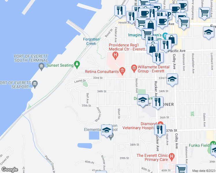 map of restaurants, bars, coffee shops, grocery stores, and more near 3321 Kromer Avenue in Everett
