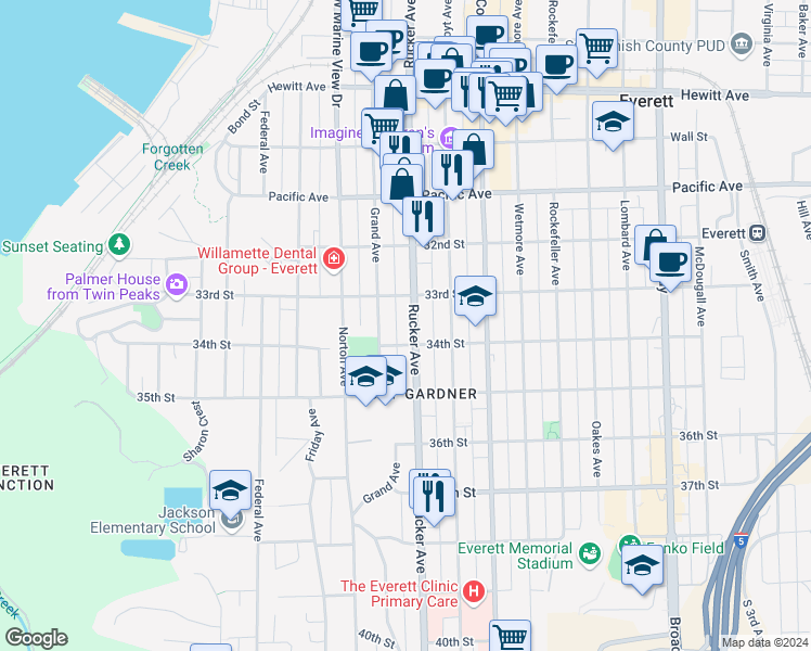 map of restaurants, bars, coffee shops, grocery stores, and more near 3322 Rucker Avenue in Everett