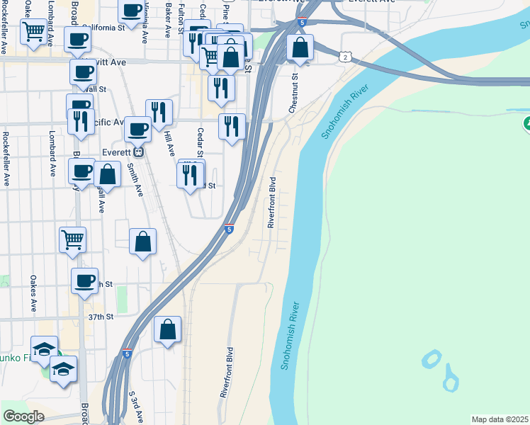 map of restaurants, bars, coffee shops, grocery stores, and more near 3337 30th Drive in Everett