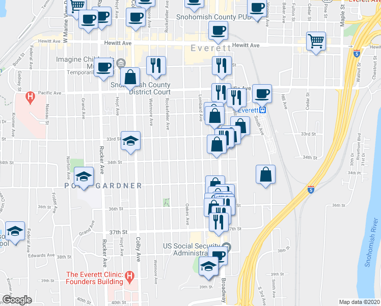 map of restaurants, bars, coffee shops, grocery stores, and more near 3323 Oakes Avenue in Everett