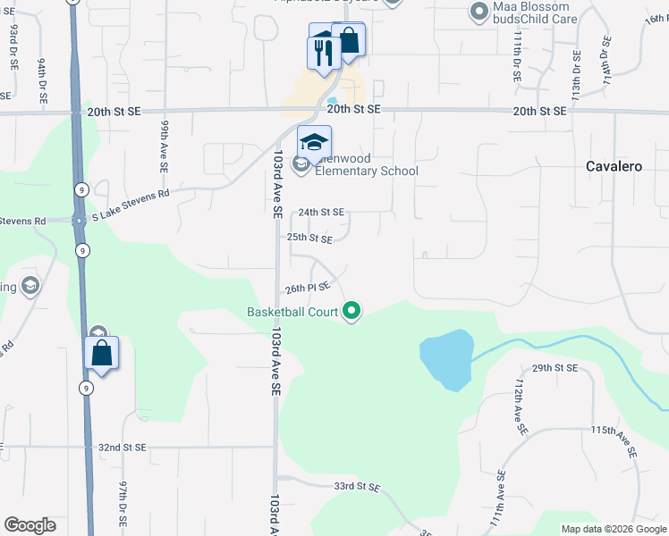 map of restaurants, bars, coffee shops, grocery stores, and more near 2531 105th Avenue Southeast in Lake Stevens