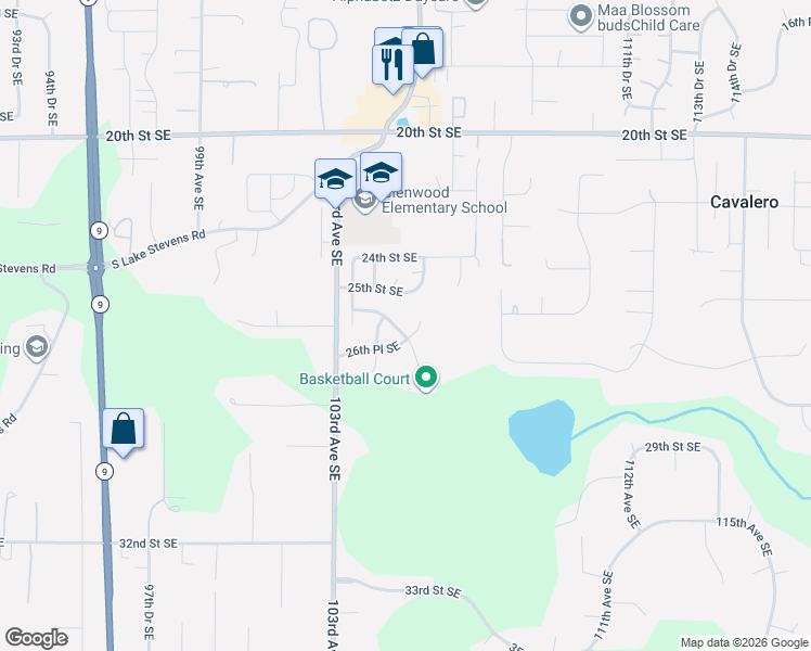 map of restaurants, bars, coffee shops, grocery stores, and more near 2521 104th Drive Southeast in Lake Stevens