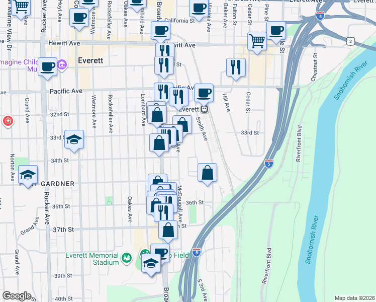 map of restaurants, bars, coffee shops, grocery stores, and more near 3324 Paine Avenue in Everett