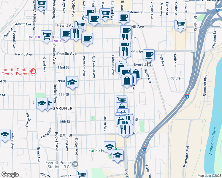 map of restaurants, bars, coffee shops, grocery stores, and more near 3323 Oakes Avenue in Everett