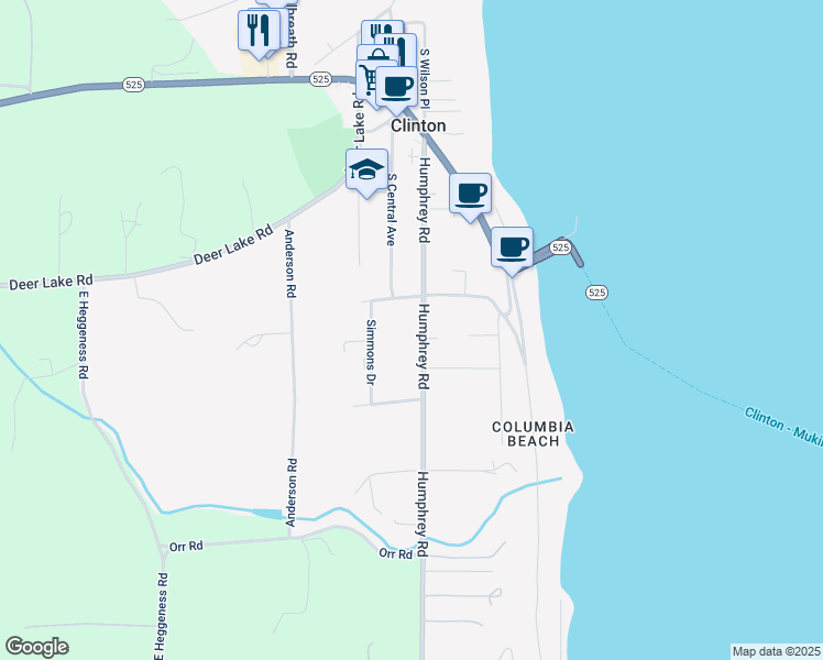 map of restaurants, bars, coffee shops, grocery stores, and more near 6550 Humphrey Road in Clinton