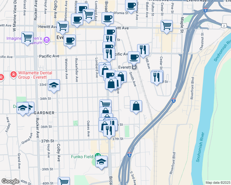 map of restaurants, bars, coffee shops, grocery stores, and more near 3330 McDougall Avenue in Everett