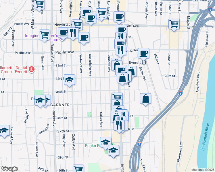 map of restaurants, bars, coffee shops, grocery stores, and more near 3322 Lombard Avenue in Everett