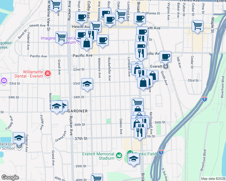 map of restaurants, bars, coffee shops, grocery stores, and more near 3325 Rockefeller Avenue in Everett