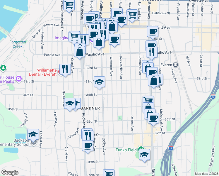 map of restaurants, bars, coffee shops, grocery stores, and more near 3314 Wetmore Avenue in Everett