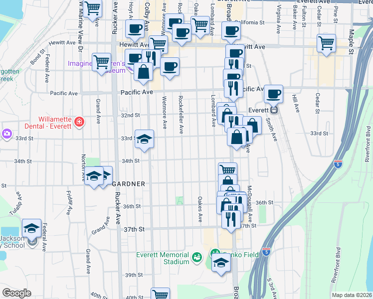 map of restaurants, bars, coffee shops, grocery stores, and more near 3325 Rockefeller Avenue in Everett