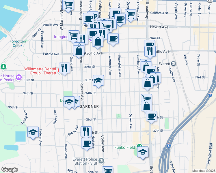 map of restaurants, bars, coffee shops, grocery stores, and more near 3327 Colby Avenue in Everett
