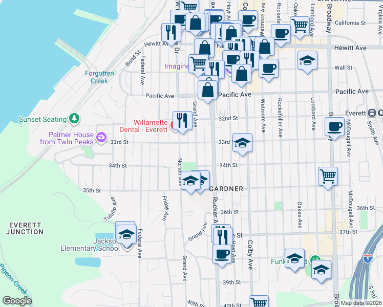map of restaurants, bars, coffee shops, grocery stores, and more near 3325 Grand Avenue in Everett