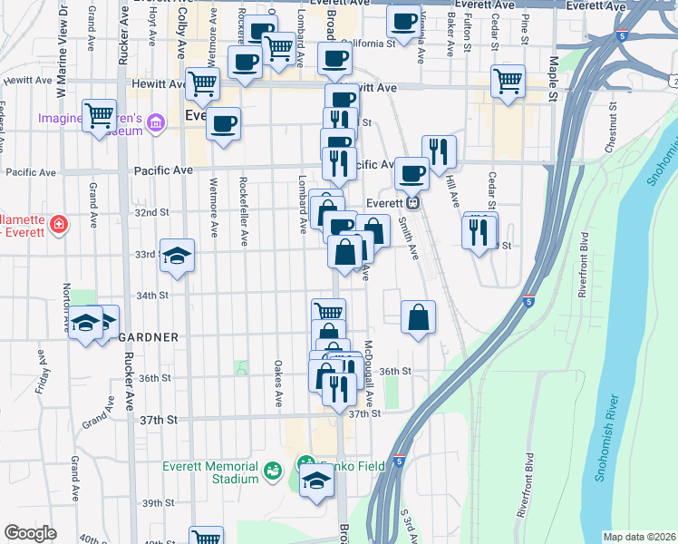 map of restaurants, bars, coffee shops, grocery stores, and more near 3330 McDougall Avenue in Everett