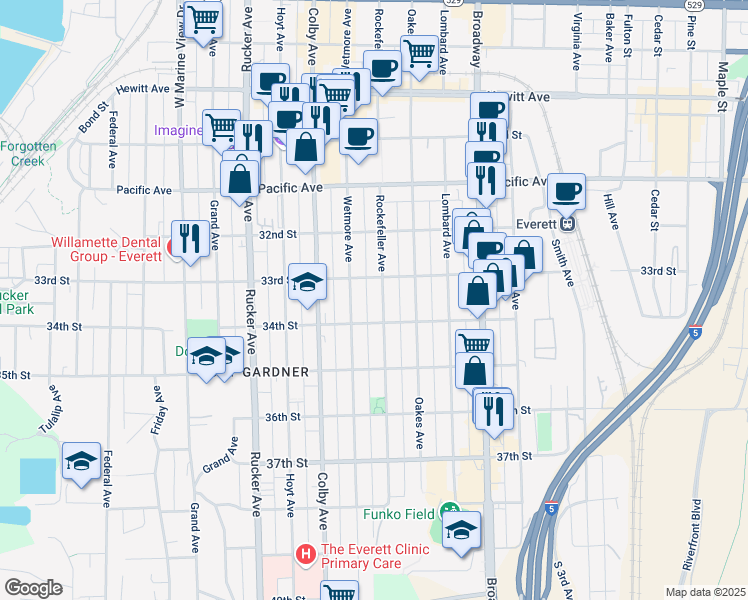 map of restaurants, bars, coffee shops, grocery stores, and more near 3325 Wetmore Avenue in Everett