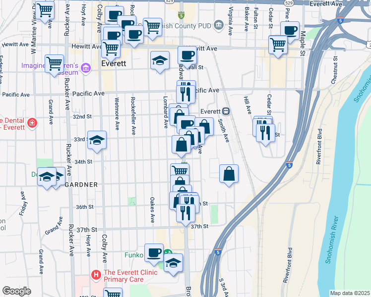 map of restaurants, bars, coffee shops, grocery stores, and more near 3315 Broadway in Everett