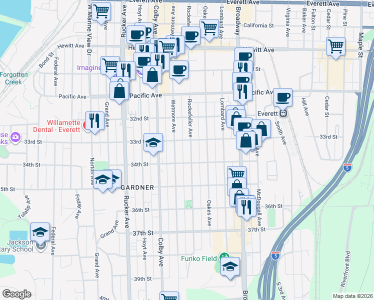 map of restaurants, bars, coffee shops, grocery stores, and more near 3314 Rockefeller Avenue in Everett