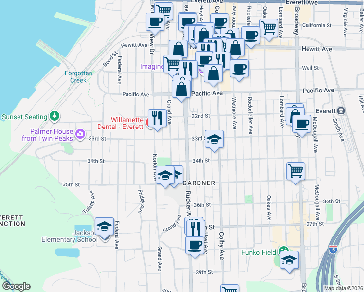 map of restaurants, bars, coffee shops, grocery stores, and more near 3323 Rucker Avenue in Everett