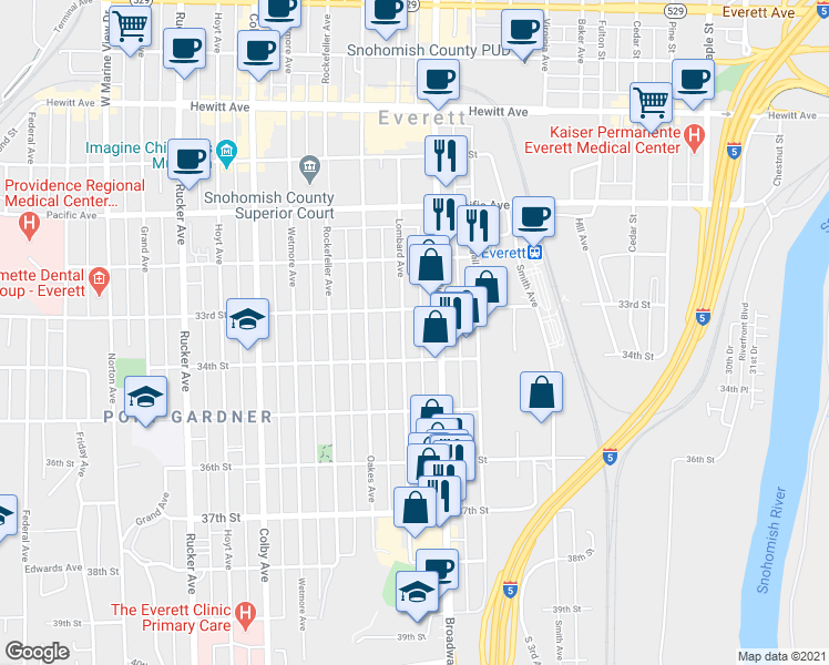 map of restaurants, bars, coffee shops, grocery stores, and more near 3315 Lombard Avenue in Everett