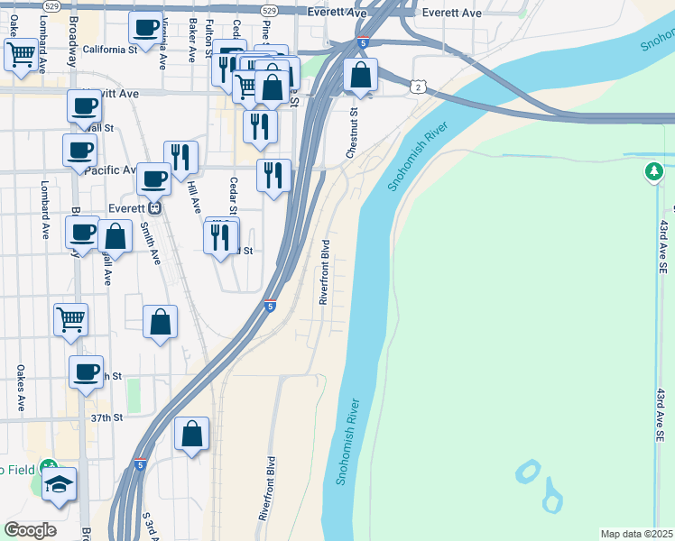 map of restaurants, bars, coffee shops, grocery stores, and more near 3355 31st Drive in Everett