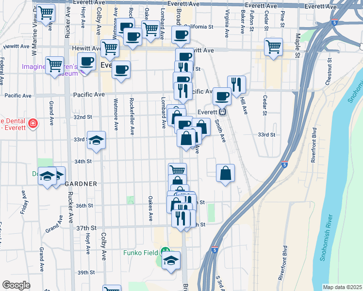 map of restaurants, bars, coffee shops, grocery stores, and more near 3327 Lombard Avenue in Everett