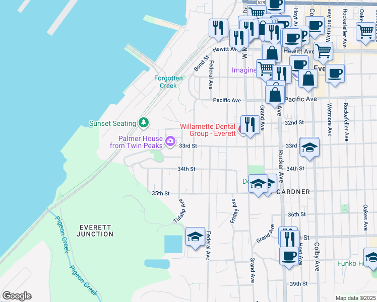 map of restaurants, bars, coffee shops, grocery stores, and more near 3321 Kromer Avenue in Everett