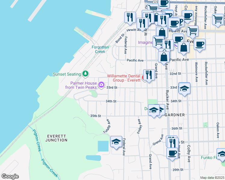map of restaurants, bars, coffee shops, grocery stores, and more near 3321 Kromer Avenue in Everett