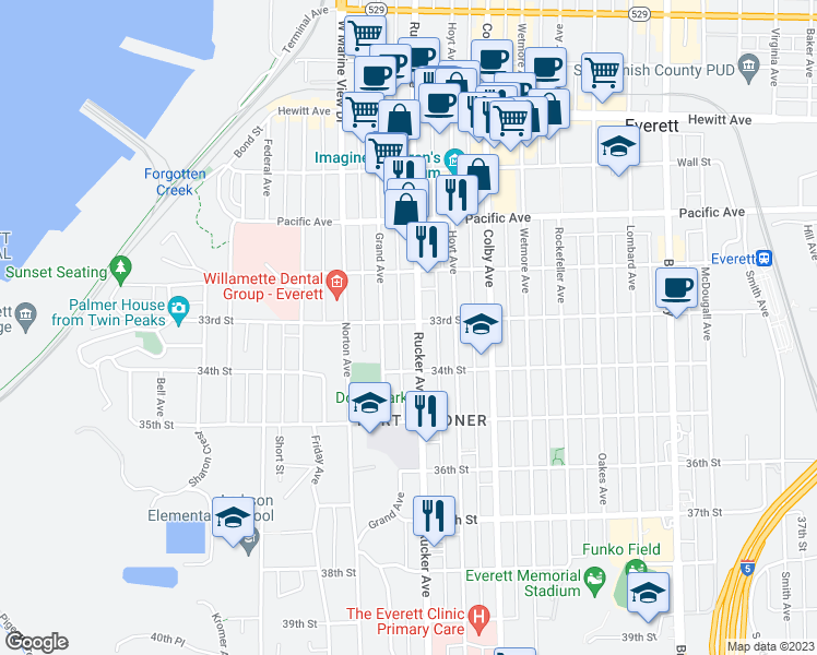 map of restaurants, bars, coffee shops, grocery stores, and more near 3302 Rucker Avenue in Everett