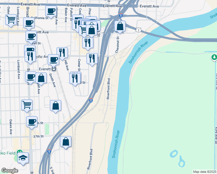 map of restaurants, bars, coffee shops, grocery stores, and more near 3337 30th Drive in Everett