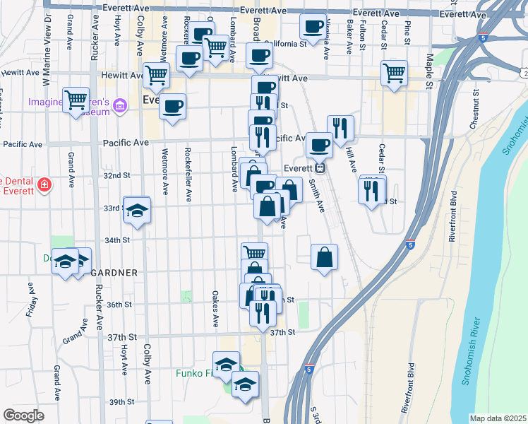 map of restaurants, bars, coffee shops, grocery stores, and more near 3330 McDougall Avenue in Everett