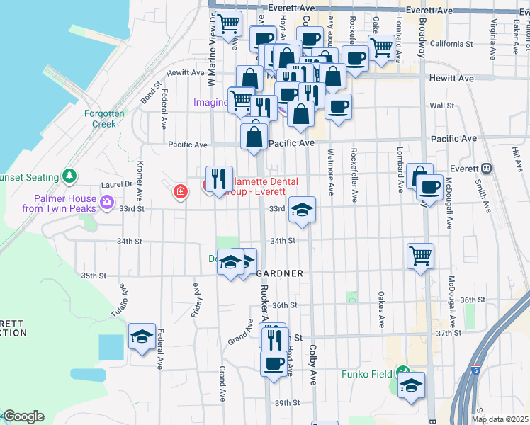 map of restaurants, bars, coffee shops, grocery stores, and more near 3323 Rucker Avenue in Everett