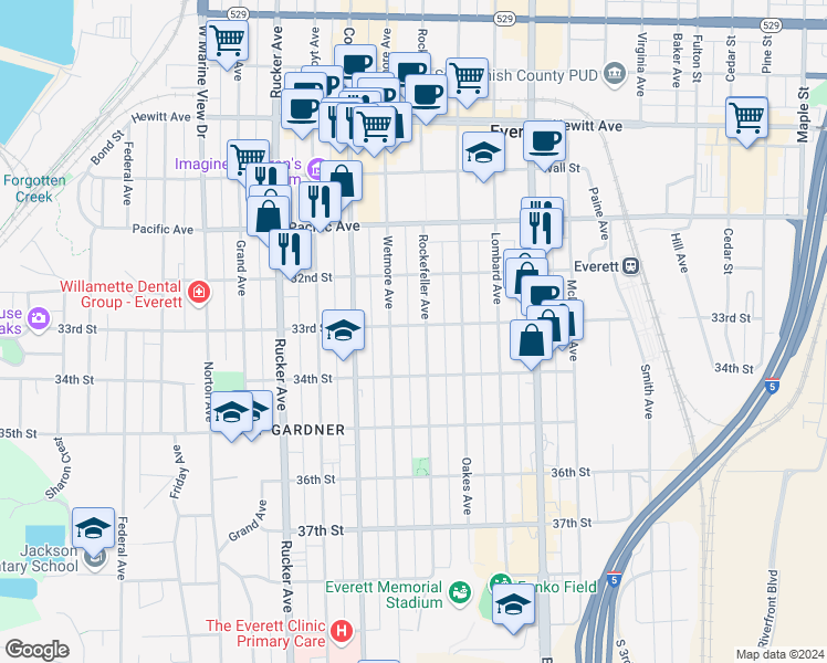 map of restaurants, bars, coffee shops, grocery stores, and more near 1714 33rd Street in Everett
