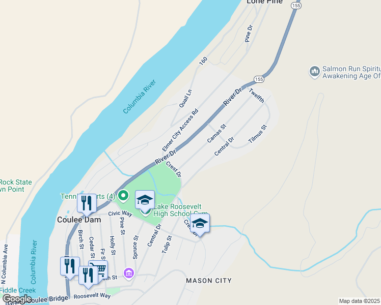 map of restaurants, bars, coffee shops, grocery stores, and more near 1015 River Drive in Coulee Dam