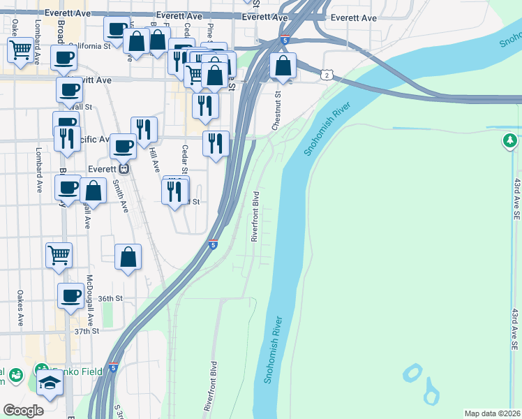 map of restaurants, bars, coffee shops, grocery stores, and more near 3310 31st Drive in Everett