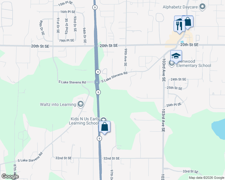 map of restaurants, bars, coffee shops, grocery stores, and more near 9722 South Lake Stevens Road in Lake Stevens