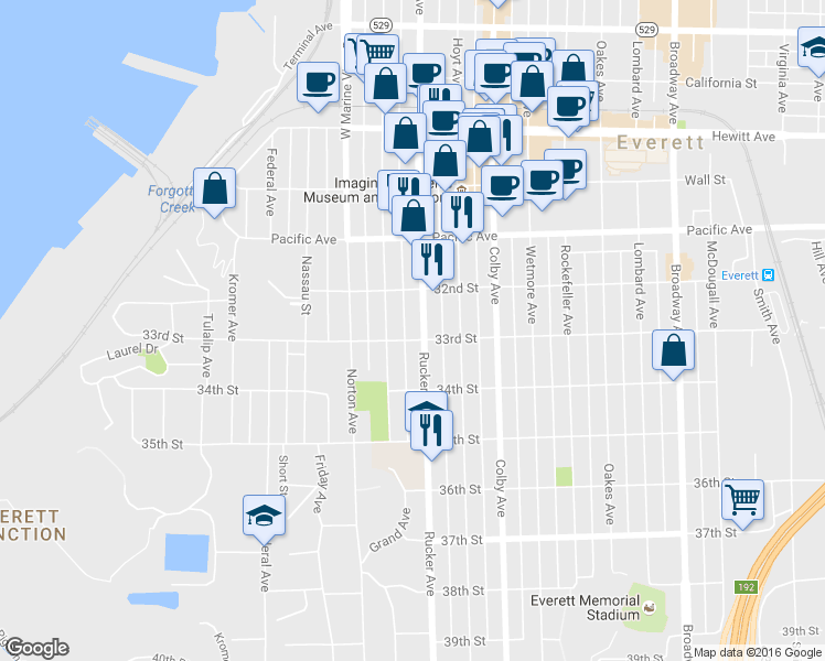 map of restaurants, bars, coffee shops, grocery stores, and more near 3230 Rucker Avenue in Everett