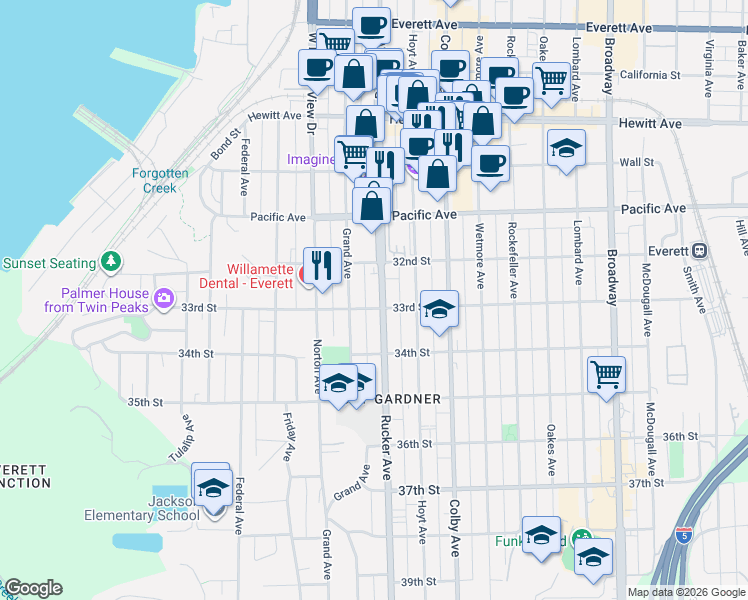map of restaurants, bars, coffee shops, grocery stores, and more near 3230 Rucker Avenue in Everett