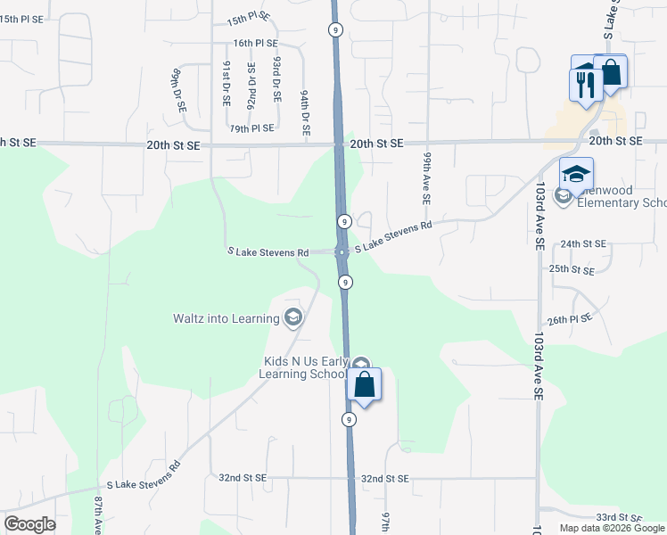 map of restaurants, bars, coffee shops, grocery stores, and more near 2406 South Lake Stevens Road in Lake Stevens