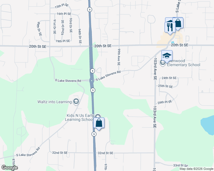 map of restaurants, bars, coffee shops, grocery stores, and more near 9722 South Lake Stevens Road in Lake Stevens