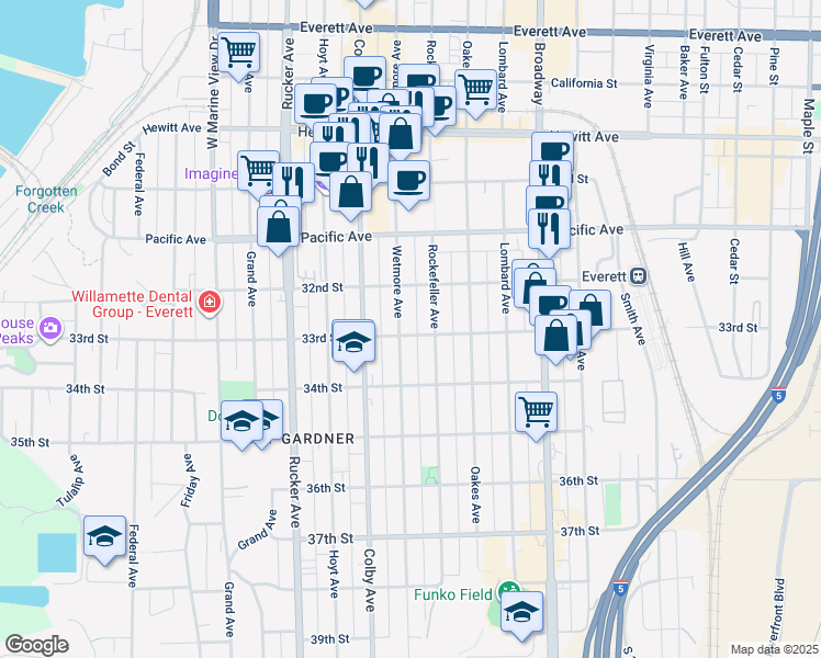 map of restaurants, bars, coffee shops, grocery stores, and more near 3219 Wetmore Avenue in Everett