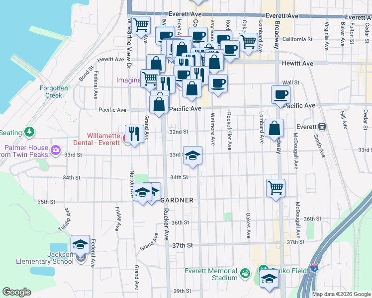 map of restaurants, bars, coffee shops, grocery stores, and more near 3233 Hoyt Avenue in Everett