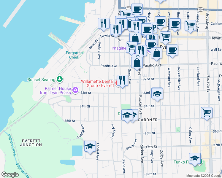 map of restaurants, bars, coffee shops, grocery stores, and more near 3213 Nassau Street in Everett