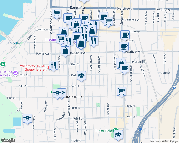 map of restaurants, bars, coffee shops, grocery stores, and more near 3219 Colby Avenue in Everett