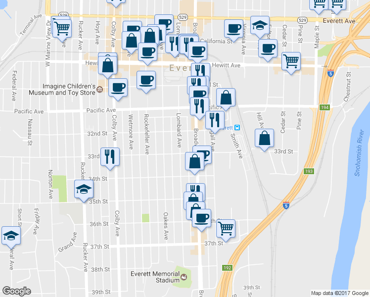map of restaurants, bars, coffee shops, grocery stores, and more near 3220 Broadway in Everett