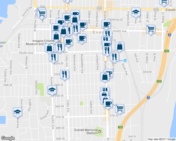map of restaurants, bars, coffee shops, grocery stores, and more near 3217 Rockefeller Avenue in Everett