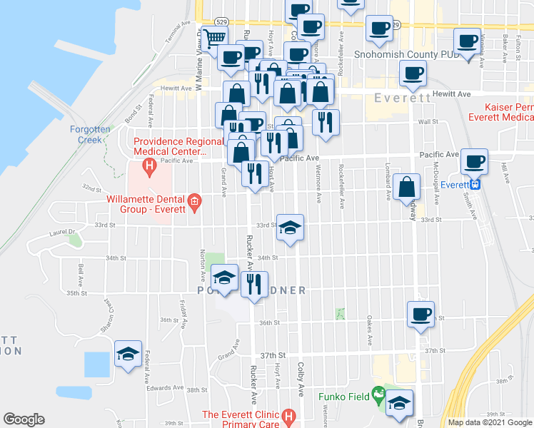 map of restaurants, bars, coffee shops, grocery stores, and more near 3217 Hoyt Avenue in Everett