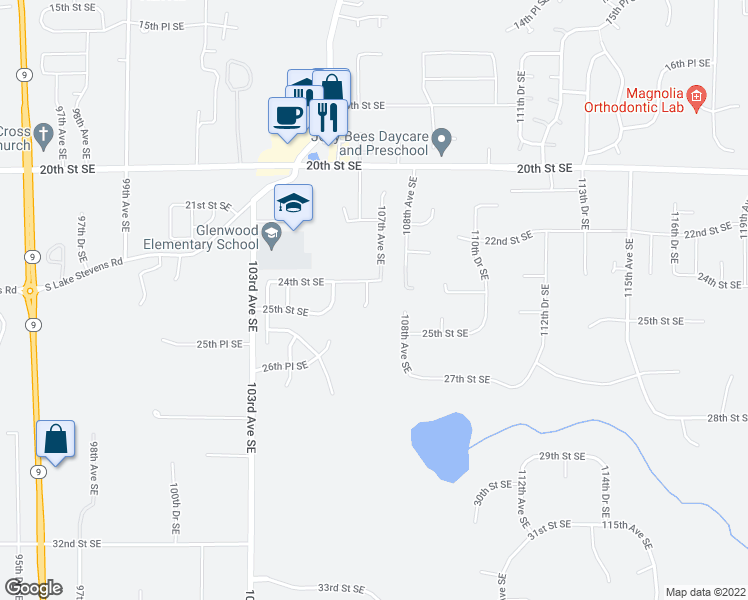 map of restaurants, bars, coffee shops, grocery stores, and more near 2413 106th Drive Southeast in Lake Stevens
