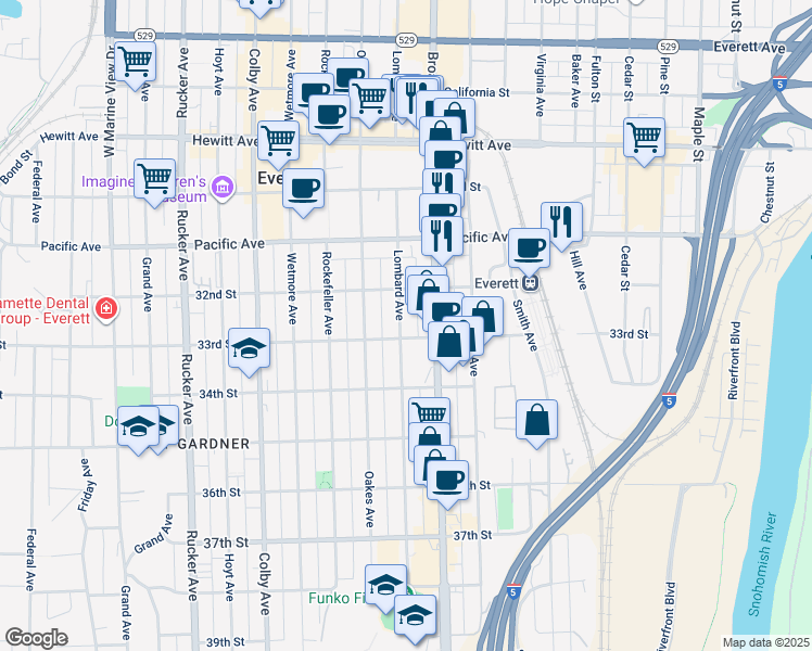 map of restaurants, bars, coffee shops, grocery stores, and more near 3225 Lombard Avenue in Everett