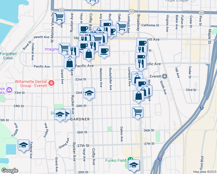 map of restaurants, bars, coffee shops, grocery stores, and more near 3219 Wetmore Avenue in Everett