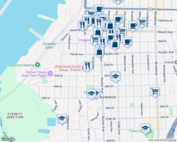 map of restaurants, bars, coffee shops, grocery stores, and more near 3215 Norton Avenue in Everett
