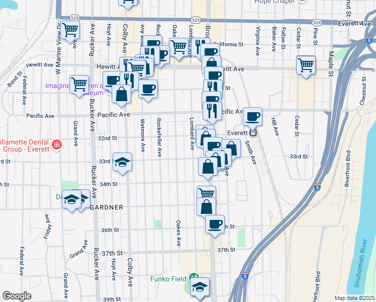 map of restaurants, bars, coffee shops, grocery stores, and more near 3222 Lombard Avenue in Everett